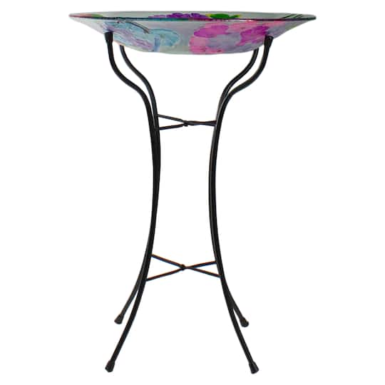 18'' Pink and Purple Dragonflies Hand Painted Glass Birdbath